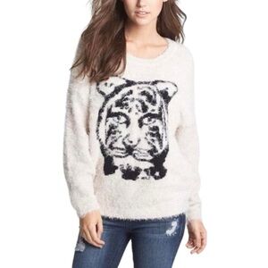 Love by Design Eyelash Knit Fuzzy Cozy Tiger Face Sweater Beige/Black Sz 2X